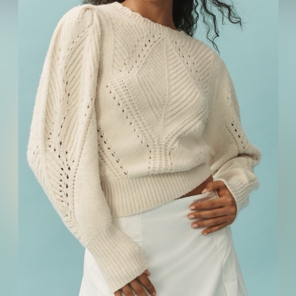 Anthropologie Soft & Cozy Fine Pointelle Scalloped Cream Sweater
